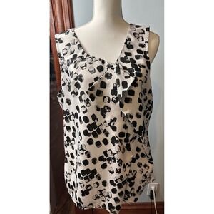 Ann Taylor LOFT Womens XL Black White Abstract Print Ruffle Front Blouse Top